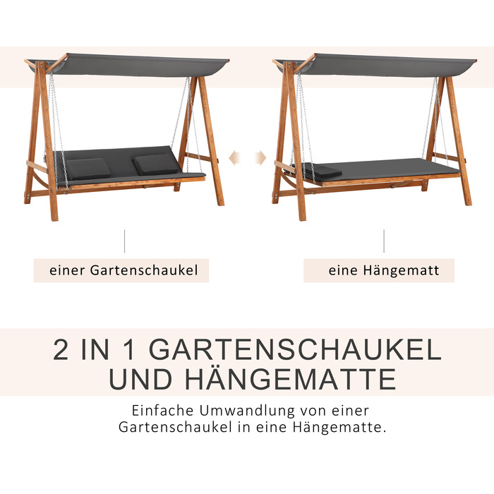 Outsunny 2-Seater Hollywood Swing with Bed Function, Garden Swing with Canopy, Wooden Garden Swing, 225.5 x 113 x 180 cm, Grey, Teak