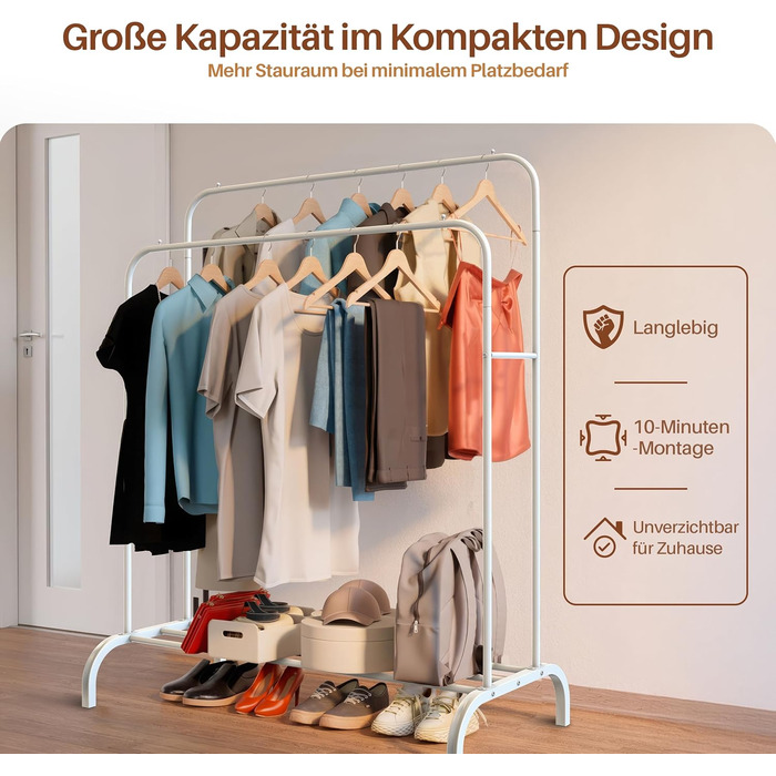 Підставка для одягу PORTENTUM: сталева, до 35 кг, з подвійною перекладиною та полицею для взуття, протиковзкі ніжки, захисні кінчики, швидкий монтаж, білий (без вішалок)