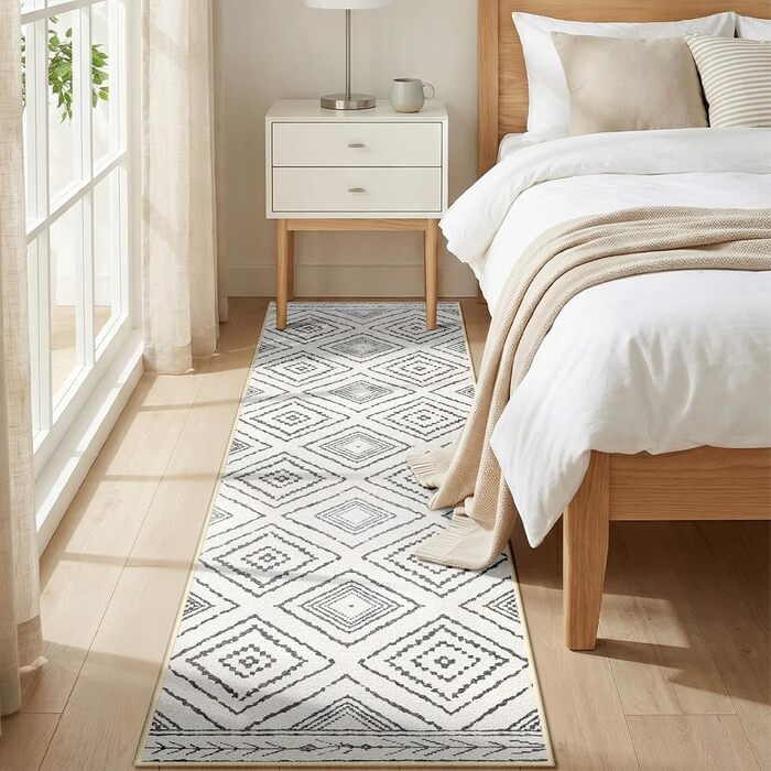 Килимок-довгий килим для коридору 60 x 180 см, неслизький для кухні, з коротким ворсом, пральний, складаний, у стилі бохо – для коридору, кухні, вітальні та офісу, чорно-білий 60 x 180 см