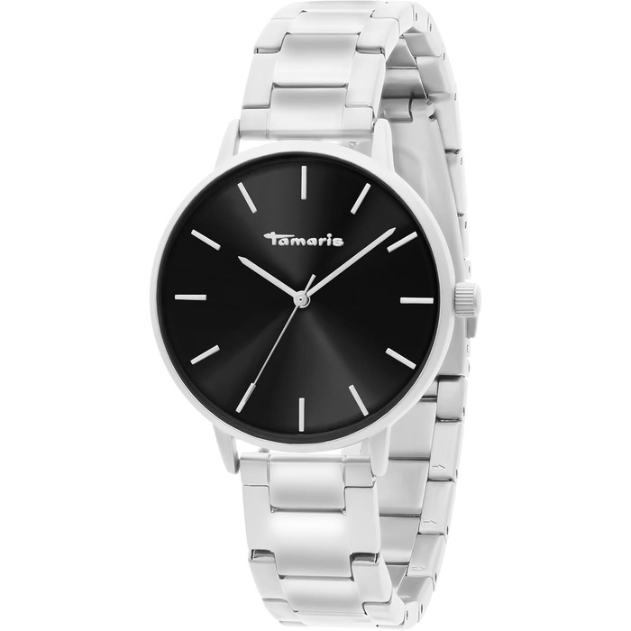 Жіночий годинник Tamaris – лаконічний круглий годинник для жінок, діаметр 36 мм (срібло / чорний браслет-ланцюжок)