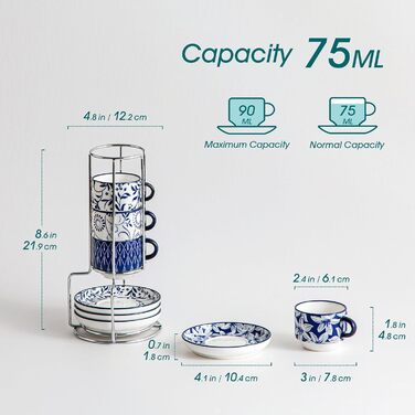 Набір чашок для еспресо Vancasso SELENE з блюдцем та підставкою, 4 шт, 90 мл, блакитно-білий, кераміка