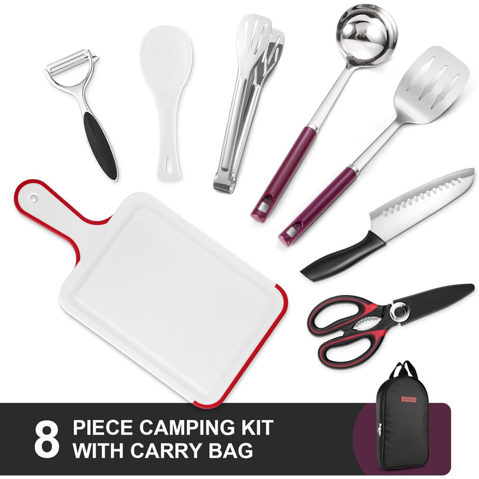 Odoland Kitchen Helper Set, Kitchen Gadget Set, Outdoor Cookware Set with Santoku Knife, Kitchen Scissors, Spatula, Tongs, Ladle, Cutting Boards - Ideal for Picnics, Travel, Hiking, and Gardening