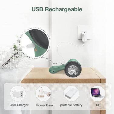 Електричний пристрій для видалення пуху та ниток, 3 леза, 2 швидкості, USB, для одягу та тканини (блакитно-зелений)