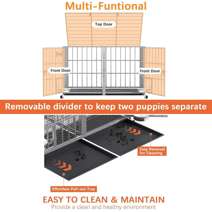 Клітка для собак велика та середня, 2 в 1 з роздільником, з піддоном, 120 x 73 x 68 см (XL, срібна)