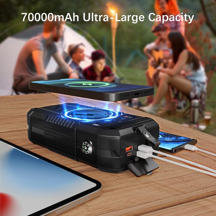 Портативний зарядний пристрій Solar Powerbank 70000mAh з сонячною панеллю, PD 30W, USB-C, 3.0A, інтегрованим кабелем, бездротовою зарядкою 15W, ручним генератором, LED-індикаторами, ліхтариком, для смартфонів, чорний