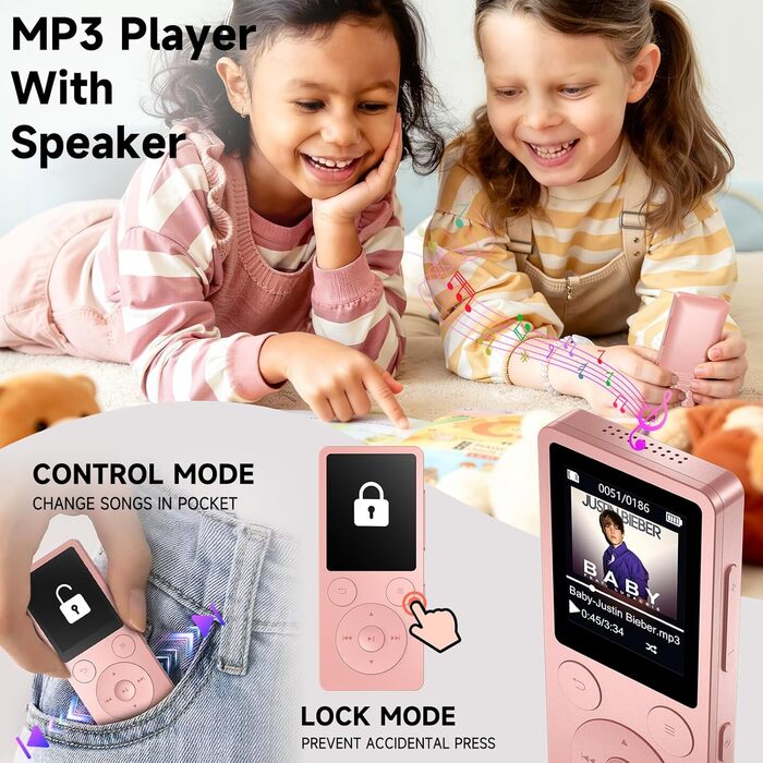 MP3 плеєр 32GB з Bluetooth 5.3 та вбудованим динаміком, FM-радіо, диктофон, HiFi-звук, розширювач пам'яті до 128GB, рожевий