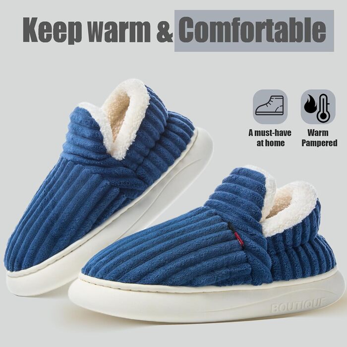 Тапочки жіночі зимові з підкладкою з пам'яті, чоловічі, з м'якого корду, повністю пухнасті, з бавовняної підкладки, з антиковзкою підошвою, зручні, для дому та вулиці (46/47 EU, синій)
