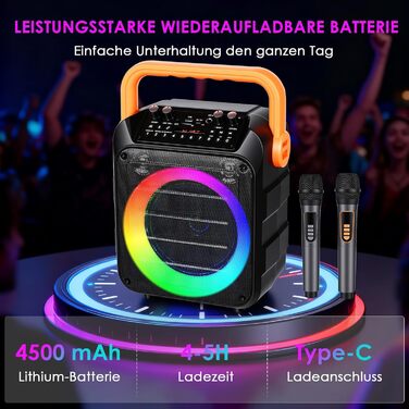 Портативна караоке-машина з 2 мікрофонами, Bluetooth, RGB-підсвічування, TF/USB/FM/AUX, TWS для дорослих та дітей