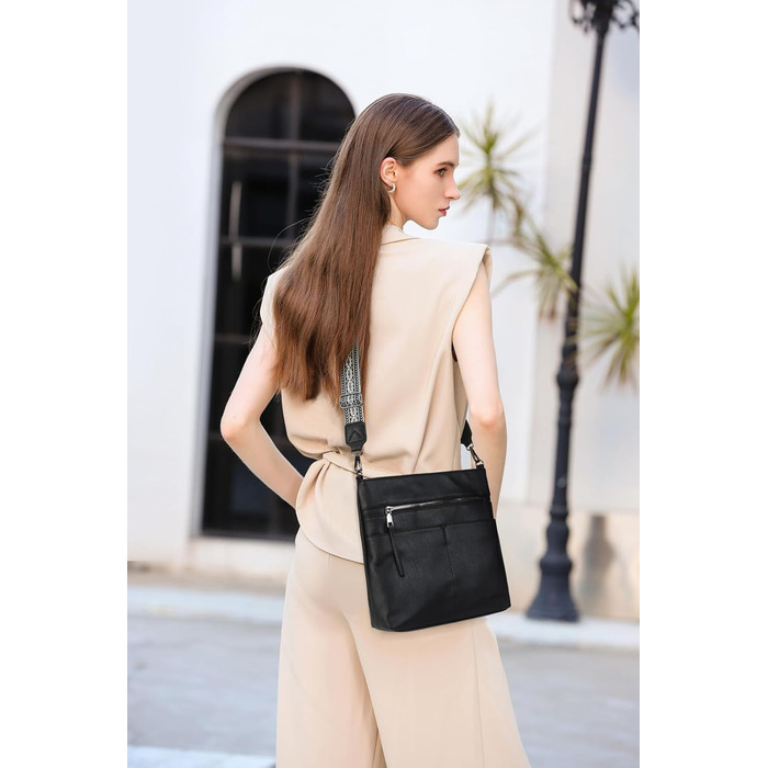 Сумка жіноча Gladdon шкіряна чорна крос-боді середнього розміру через плече з широким ременем та жакардовою тканиною