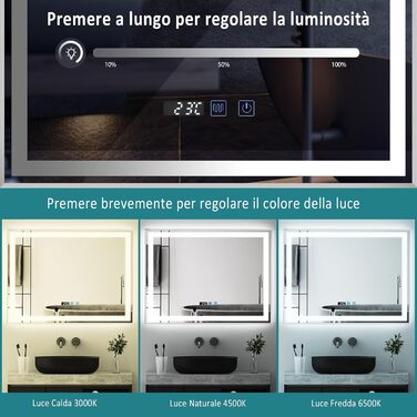 Дзеркало для ванної кімнати YU YUSING з підсвічуванням 60x80 см, протизапітніння, 3 кольори світла, регулювання яскравості, LED, годинник, IP44, металевий каркас, вертикальне, срібне