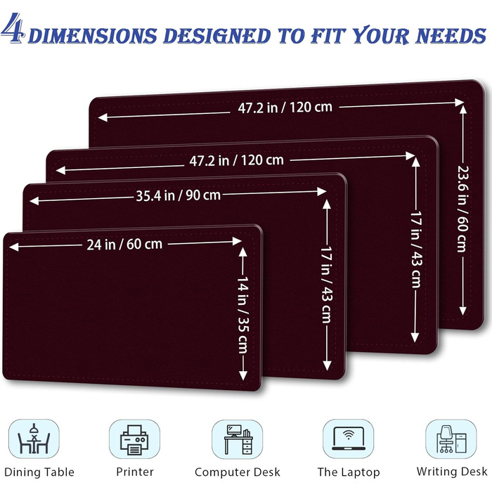 Підкладка для столу 90 x 43 см, PU шкіра, велике захисне покриття, водонепроникна та неслизька, для комп'ютера, офісу, клавіатури та миші (Бургунді)