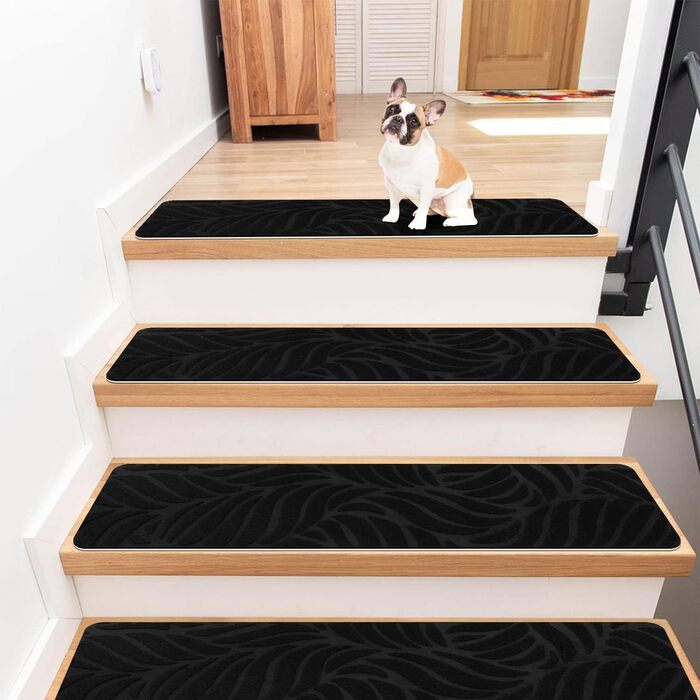 Anti-Slip Stair Treads for Wood Stairs - Felt Self-Adhesive Carpet Treads - 15 Pack, 76x20cm - Black Banana Leaf Design