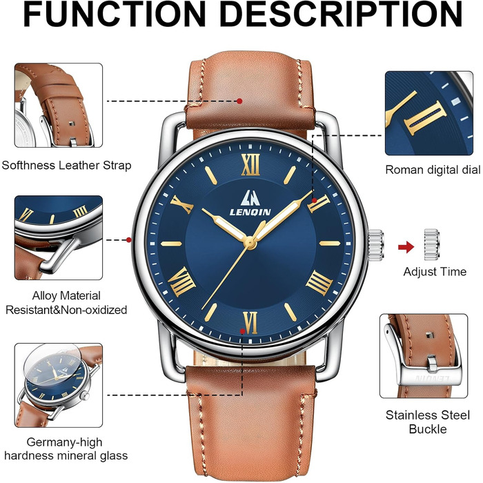 Годинник чоловічий LN LENQIN: аналоговий кварцовий годинник для чоловіків, водостійкий 30M, шкіряний ремінець, модний бізнес-стиль (сріблястий, блакитний)