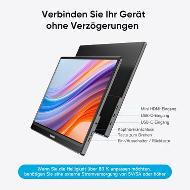 Портативний монітор 15.6 дюймів, 1080P FHD з підставкою, IPS екран з динаміками, тонкий додатковий монітор для ноутбука/ПК/Mac/PS4/Switch, USB-C/HDMI