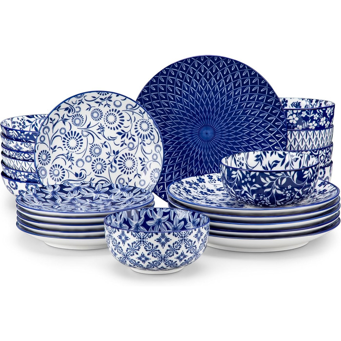 Набір посуду на 6 осіб Vancasso Selene 24 частини: тарілки, супові тарілки, салатники, миски. Керамічний сервіз з порцеляни, блакитно-білий.