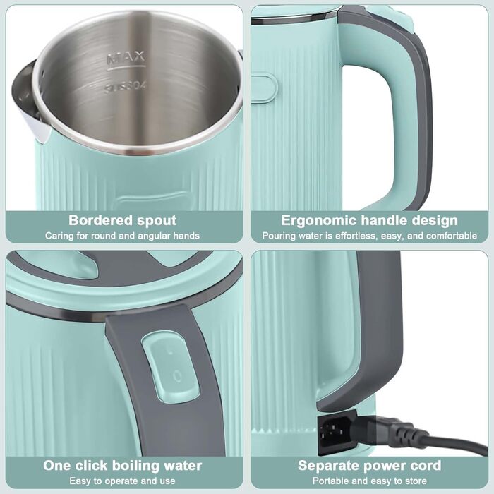 Електричний чайник-термос 800 мл, 600 Вт, для подорожей та кемпінгу, з нержавіючої сталі, для чаю та кави (зелений)