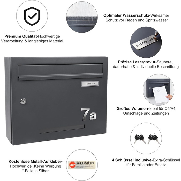 Поштовий ящик Zedelmaier з газетницею антрацит RAL 7016: Персоналізований настінний поштовий ящик з нержавіючої сталі, 3D номер будинку, сучасний, стійкий до погодних умов, подвійне порошкове покриття