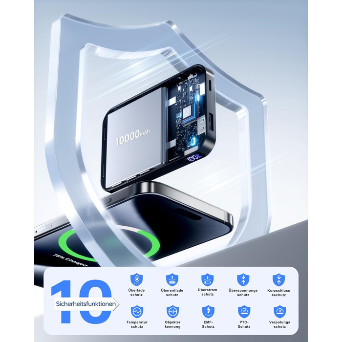 Powerbank MagSafe 10000mAh з PD 22.5W, бездротова зарядка, USB-C, LED-дисплей, чорний