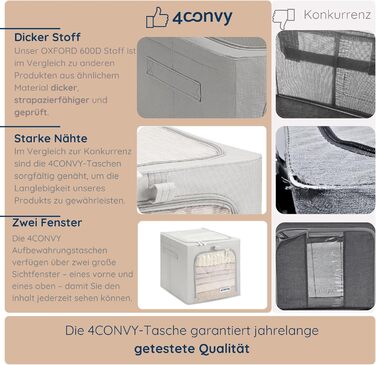 Складана коробка для зберігання одягу 4CONVY з блискавкою та металевим каркасом (3x40л, сірий, 2 вікна) - покращене матеріали 2024 року