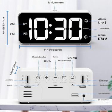 Цифровий LED будильник LATEC з 2 сигналами будильника, функцією Snooze, USB-портом для зарядки, регулюванням яскравості та гучності (90-120 дБ), 8 мелодій, формат 12/24г, мережевий, білий