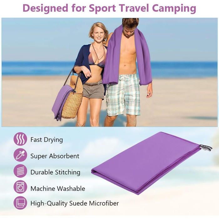 Рушник з мікрофібри Flintronic, 200x100 см: великий, швидковисихаючий, для спорту, подорожей, пляжу, сауни (фіолетовий)