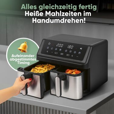 Фритюрниця ProfiCook з 2 камерами | Airfryer | 9 літрів | Фритюрниця з функцією одночасної готовності | Без олії | Антипригарне покриття | PC FR 1296 H з нержавіючої сталі