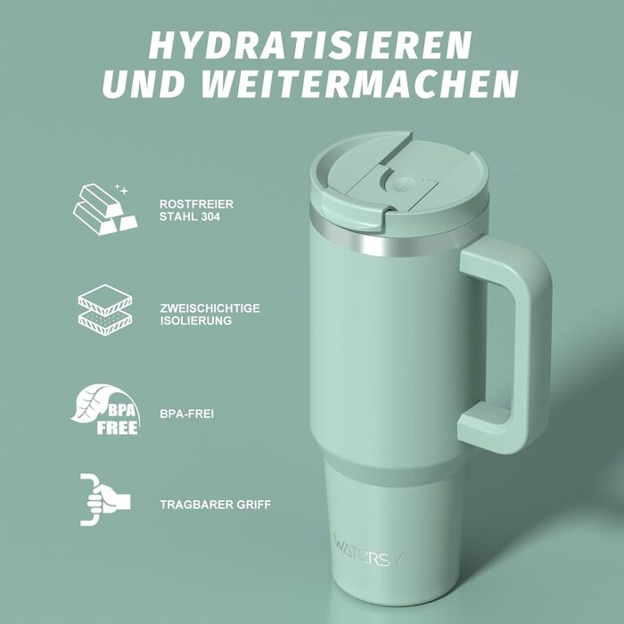 Термокружка WATERSY 1.2L з 2 трубочками, витокозахисний термос для кави To Go, вакуумна ізоляція, без BPA, ретро-зелений