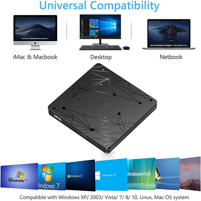 Зовнішній CD/DVD привід LMEN з USB 3.0 для ноутбука та ПК, портативний DVD-записувач CD-ROM, низький рівень шуму, сумісність з Windows, Linux, MacBook