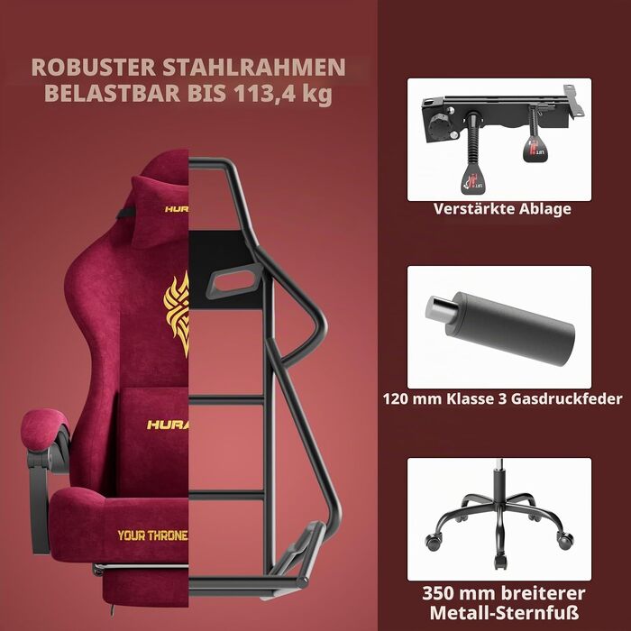 Ігрове крісло Ferghana Ergonomic Gaming Chair з оксамиту, з підтримкою попереку та підголівником, офісне крісло для геймерів та роботи (Червоне, LW220)
