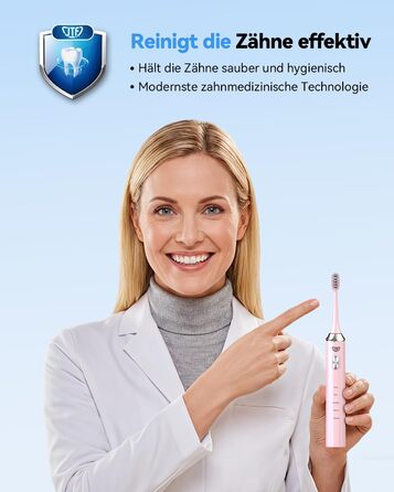 Електрична звукова зубна щітка JTF з УФ-дезінфекцією та сушінням, бездротова зарядка, 5 режимів чищення, 6 насадок, стаканчик, акумуляторна для дому та подорожей (Рожева)