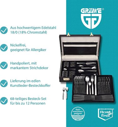 Набір столових приборів Gräwe Leipzig на 12 осіб (68 предметів) з нержавіючої сталі, з кейсом та столовим приладдям для тортів, ручна полірування, придатний для миття в посудомийній машині