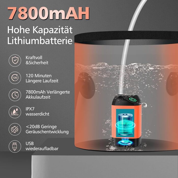 Набір для душу намету Campingdusche з насосом, акумулятором 7800mAh та індикатором заряду, оранжевий