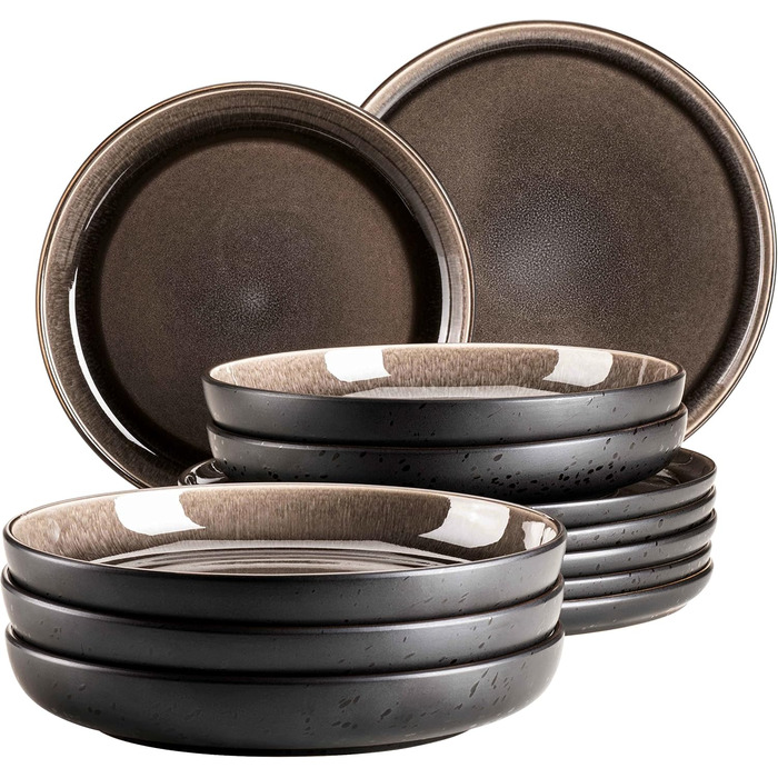 MÄSER 934021, Niara Series, Modern Plate Set for 6 People in Exciting Vintage Look, 12-Piece Ceramic Tableware Set in Grey and Black, Stoneware Plate Set 12-Piece Grey