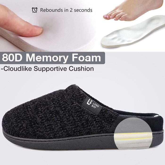 Тапочки домашні жіночі LongBay з Memory Foam, антиковзаючі, зручні, сліпони (40/41 EU, Чорний)