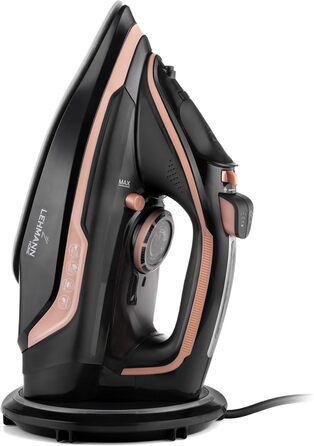 Парове прасування LEHMANN бездротове з базою для зарядки, регулювання температури та 5 програм, керамічна підошва, вертикальний пар, автовимкнення, чорний/рожеве золото