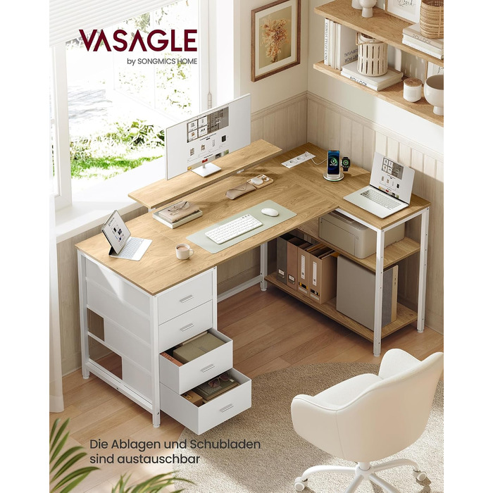 Кутовий L-подібний письмовий стіл VASAGLE з розетками та 4 шухлядами, колір натуральний дуб, 140 см