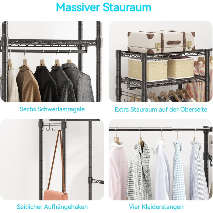 Тeleskopна штанга Himimi для одягу з 4 перекладинами та 6 регульованими полицями, 1 гачком, телескопічна система, регульована висота 175-230 см x H180 см, чорна