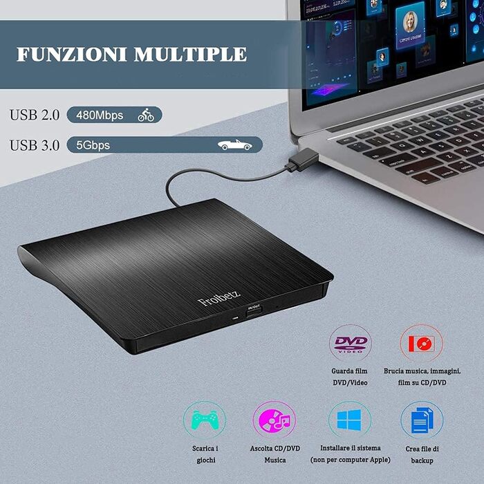 Зовнішній DVD-привід Antika USB 3.0: CD/DVD Brenner, записувач та зчитувач +/-RW для ноутбука та ПК (Windows, macOS, Linux), чорний