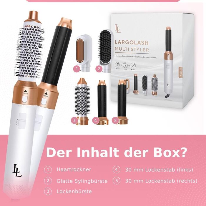 Набір для укладки волосся 5 в 1 Warmluftbürste Set: фен-щітка, плойка для локонів, 3 температурні режими, Auto-Wrap, негативні іони, 1000 Вт, захист від пошкодження