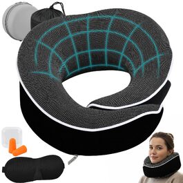 Подорожній набір 5 в 1: Ергономічна подушка для шиї з ефектом пам'яті (Memory Foam), 3D маска для сну, беруші та сумка, чорний