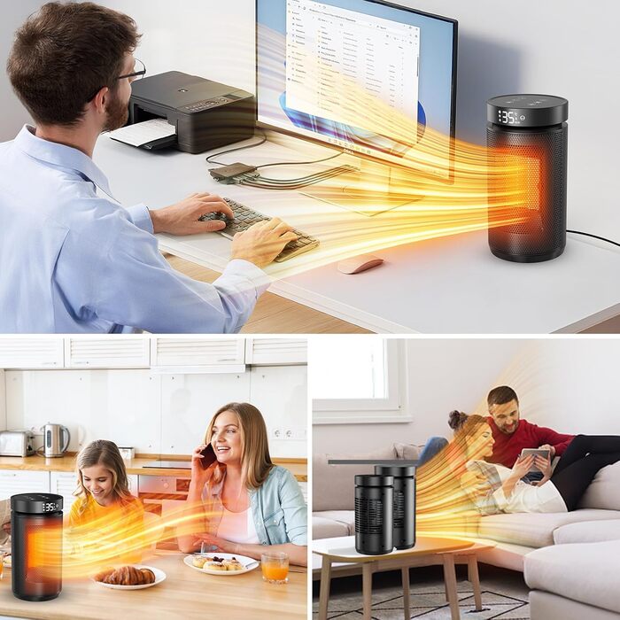 Електричний обігрівач PTC керамічний 2200W з пультом дистанційного керування, 4 режими, таймер 12H, термостат, ECO-режим, осциляція 70°, захист від перегріву та перекидання, для дому та офісу (чорний, 27см)