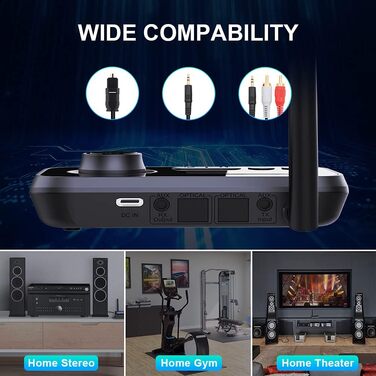 Bluetooth 5.0 Передавач/Приймач Аудіо Адаптер 3-в-1 для 2 Навушників з Низькою Затримкою, Регулюванням Гучності, AUX, Оптичний, RCA для TV, Стереосистеми, ПК (Чорний + Сірий)