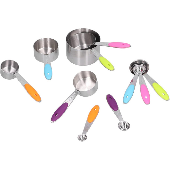 Measuring cups and spoons for dry and liquid ingredients, 10-piece set. Spoons with silicone handle, baking tool for home.