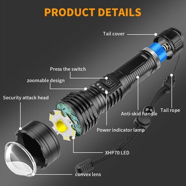 Повторно заряджувана ліхтарик 500000 люменів, надпотужний LED ліхтарик з акумулятором та USB-кабелем, тактичний ліхтарик, 5 режимів для кемпінгу, надзвичайних ситуацій та читання