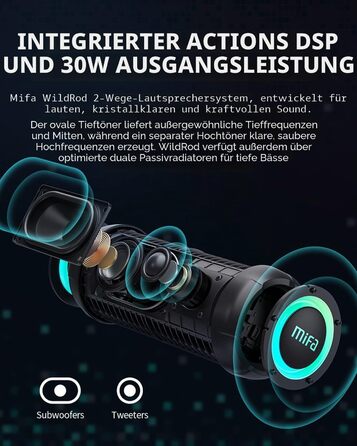 MIFA WildRod Bluetooth колонка 30W, IP67, RGB підсвітка, USB-C, чорна
