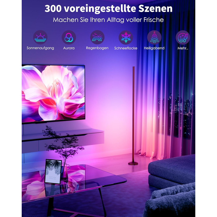 LED-стійка лампа WISIMMALL для вітальні з RGBIC, диммуванням та керуванням через додаток, 170 см, 16 мільйонів кольорів, 300 режимів, музичний синхронізація, для дому