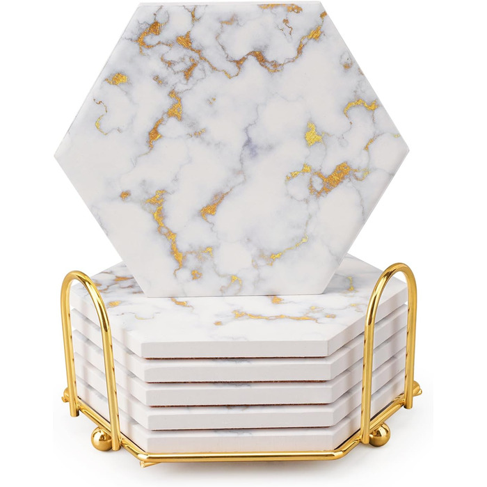 Marble-Style Coasters, Set of 6 - Drink Coasters for Wood Table With Metal Holder - Gold-Colored Ceramic Cup Set - Rustic Home Decor, Room Decor, Party (Luxury White Gold Marble 06)