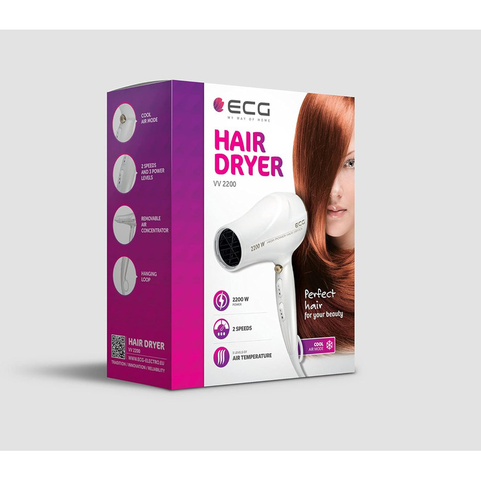 Фен ECG Vv 2200: 2 режими потужності, 3 температурні режими, іонізація, LED-дисплей, захист від перегріву, білий та золотий