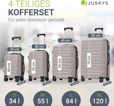 Набір валіз Juskys Hartschale 4 шт. з кодовим замком, тихі колеса 360°, телескопічна ручка, легкі - валізи в кольорі шампань