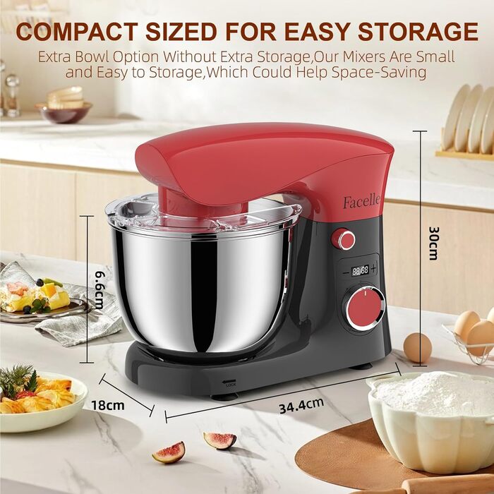 Кухонна машина-міксер Facelle 1500W з 5.5L та 4.5L чашами, 10+ програм, тиха робота, з набором насадок (червоно-сіра)